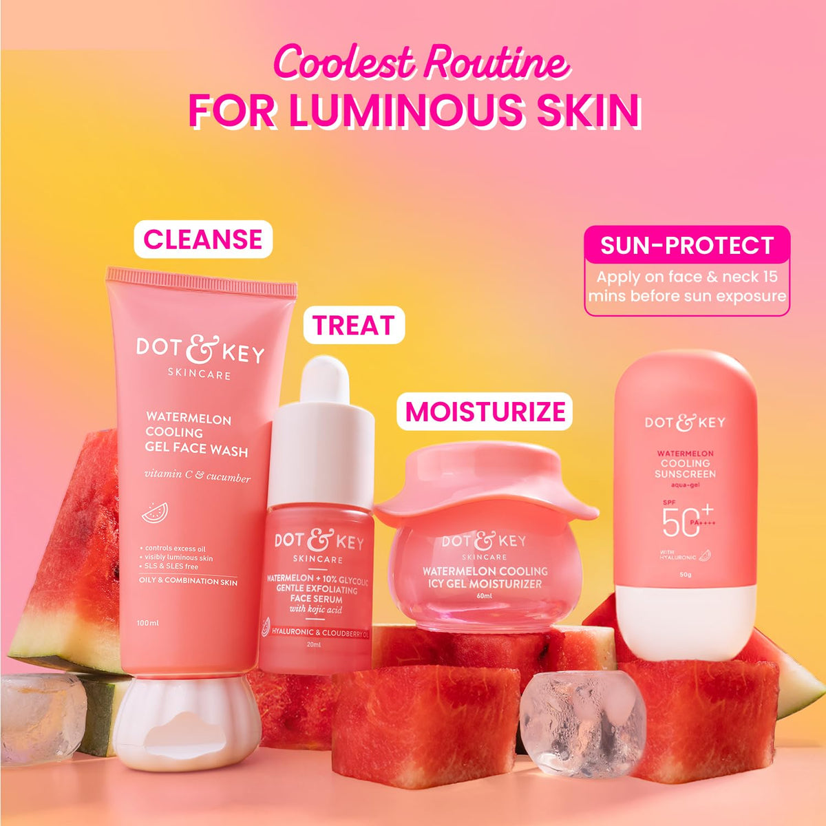 Dot & Key Watermelon Cooling Sunscreen In - Vivo Tested SPF 50+ PA++++ | With Hyaluronic Acid, Instantly Cools Skin, Broad Spectrum Protection | Controls Excess Oil, Checks Tanning, No White Cast, All Skin Types | 50g