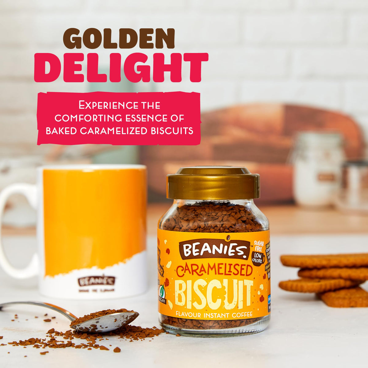 Beanies | Instant Flavored Coffee | Caramelized Biscuit | Low Calorie, Sugar Free | 50 g| Pack of 1