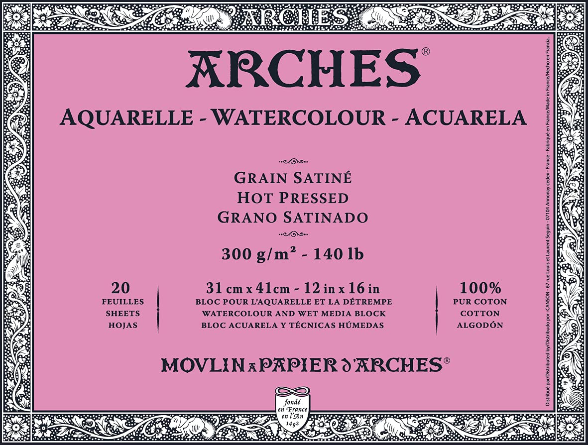 Arches Watercolour 300 GSM Hot Pressed Natural White 31 x 41 cm Paper Blocks, 20 Sheets