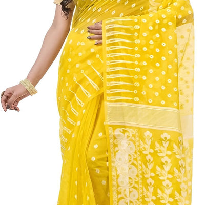 AS Aishwarya Sarees Cotton Silk Women's Bengal Special Soft Dhakai Jamdani Saree For Women With Blouse Piece (Yellow)