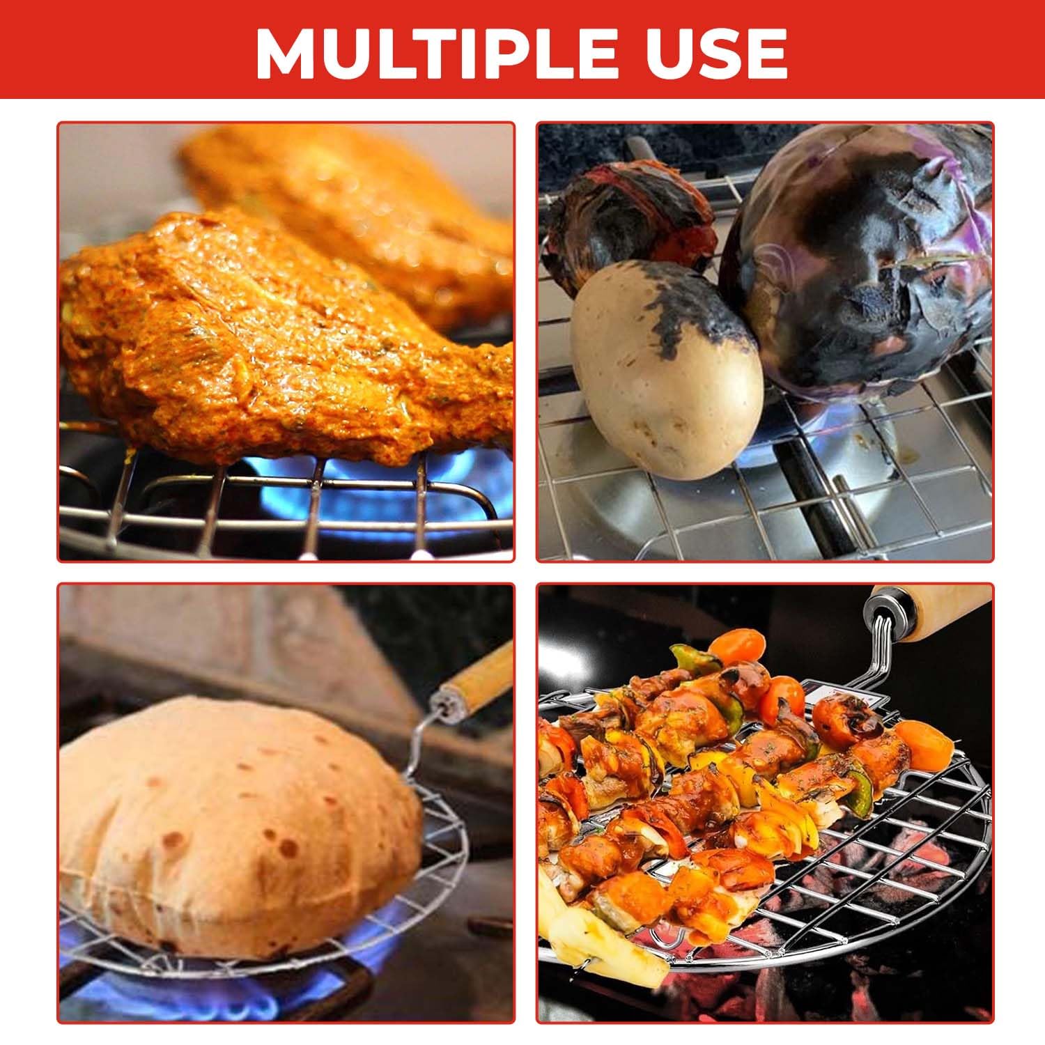 AADHIK Papad Jali Roast, Paneer Grill, Roti Maker, Barbeque Round Jali Roaster Chapati Toast Grill Wooden Handle Vegetable tandoor net, Baigan Bharta