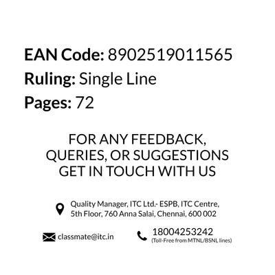 Classmate Notebook - Single Line, 72 Pages, 240 mm x 180 mm - Pack Of 8