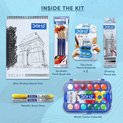 DOMS Sketching Smart Kit Mega Gift Pack | Sketching Set for Kids | Best for School, College & Office | Watercolor, Sketching Pencil, Paint Brush, Sketch Pad, DOMS Brush Pen | DOMS Stationery
