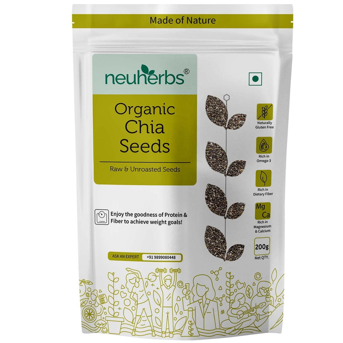 5x Neuherbs Raw Unroasted Chia Seeds  - 200 Gram - Pack of 5