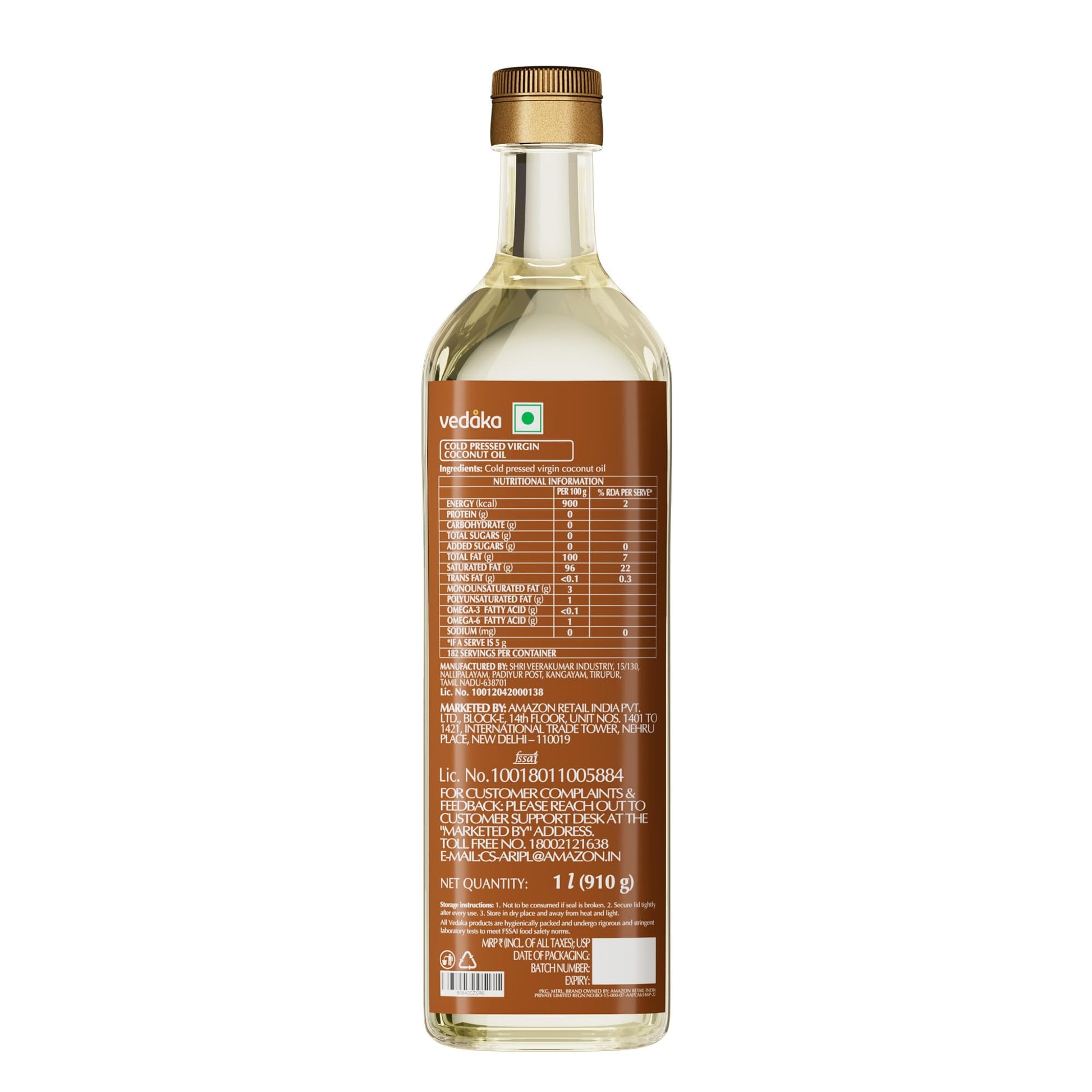 Amazon Brand - Vedaka Cold Pressed Virgin Coconut Oil 1 L Bottle | 100% Pure | Effective with Good Smell
