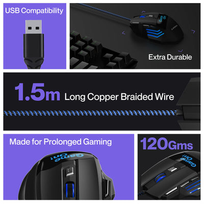 Ambrane Trone Wired Gaming Mouse with 7 Programmable Buttons, 3-Speed Customizable 3600 DPI, Comfortable Grip, Breathing LED Lighting, Fast Response Time, 1.5m Long USB Cable, Lightweight (Black)