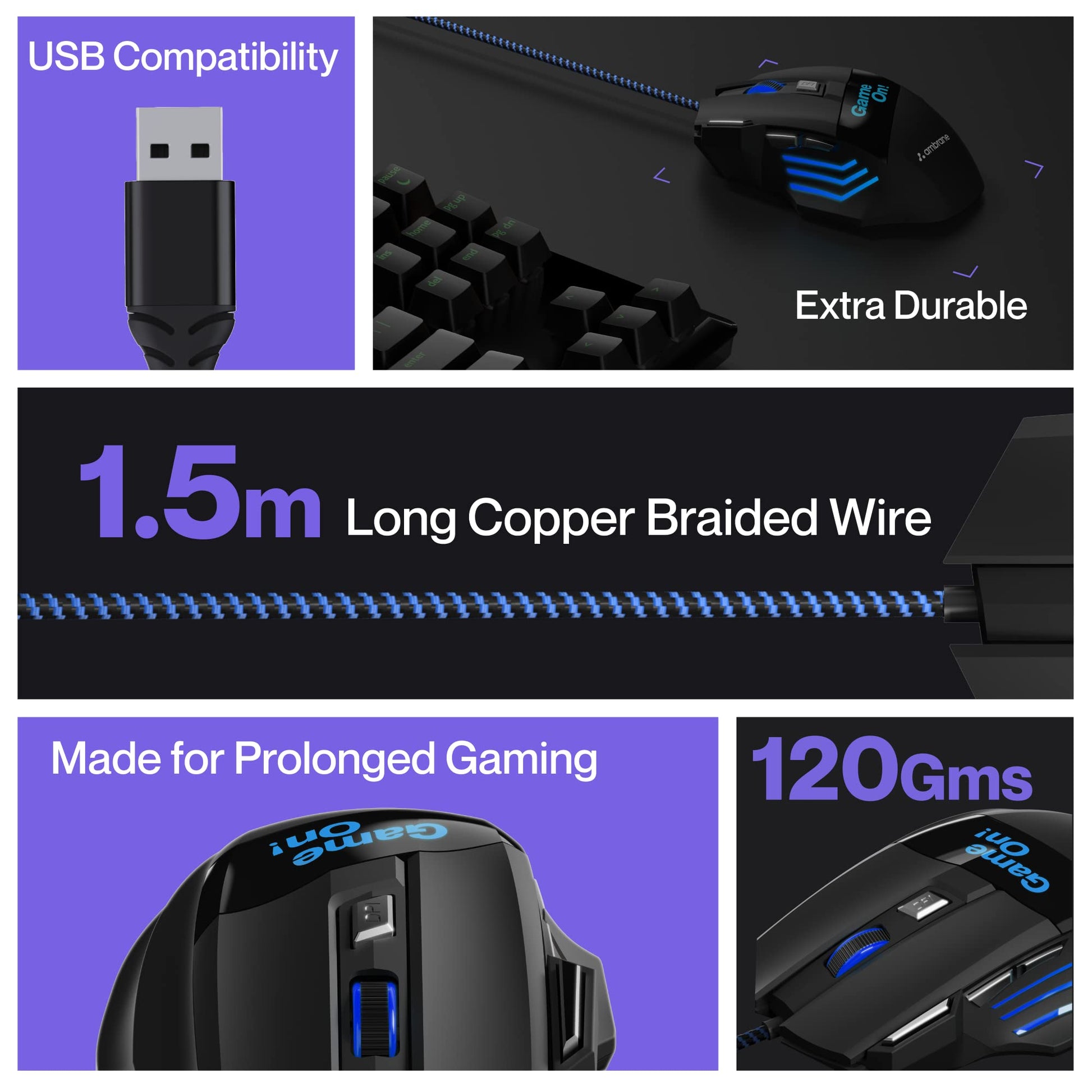 Ambrane Trone Wired Gaming Mouse with 7 Programmable Buttons, 3-Speed Customizable 3600 DPI, Comfortable Grip, Breathing LED Lighting, Fast Response Time, 1.5m Long USB Cable, Lightweight (Black)