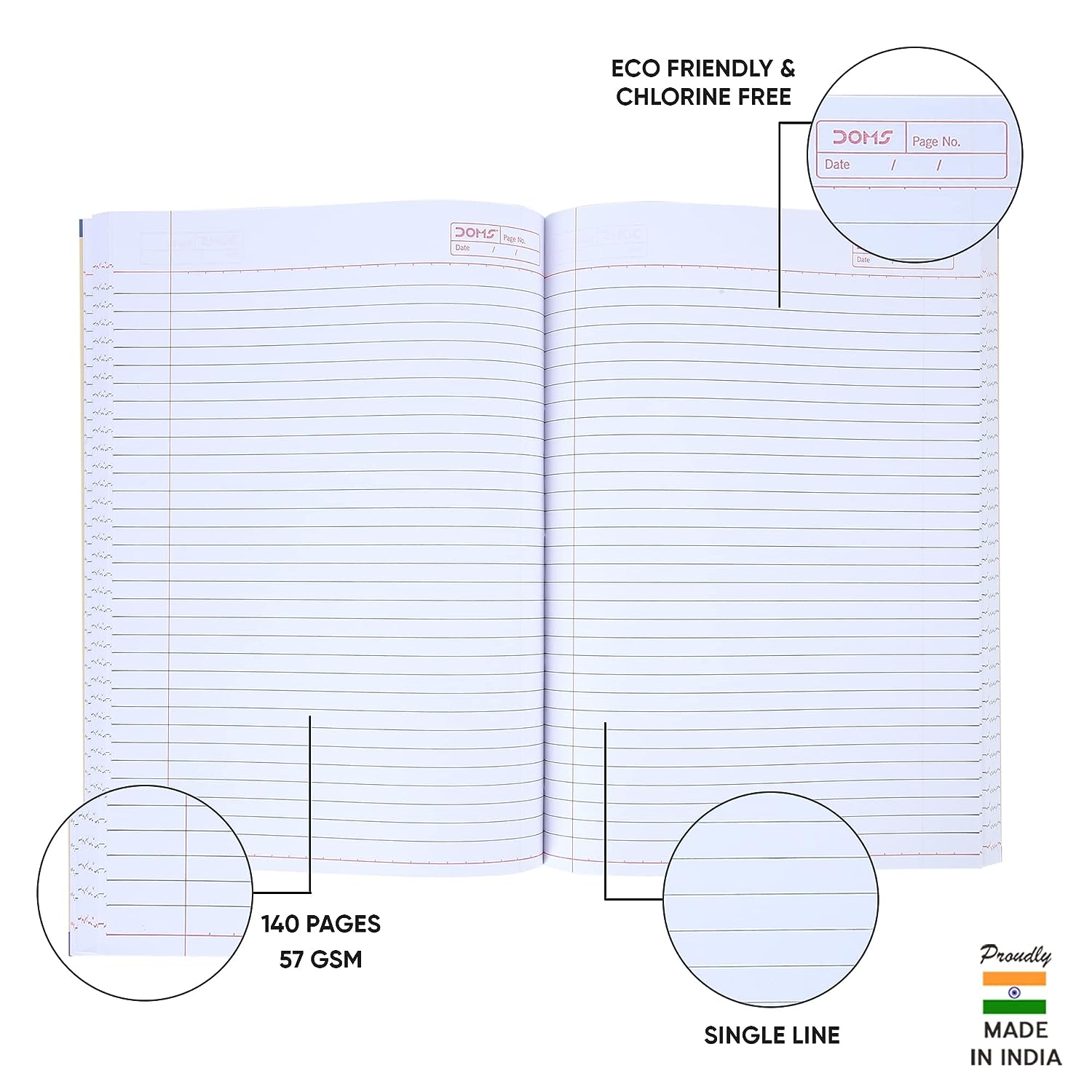 Doms Single Line A4 Note Book (Vacations Series) 140 Pages (Pack of 6)