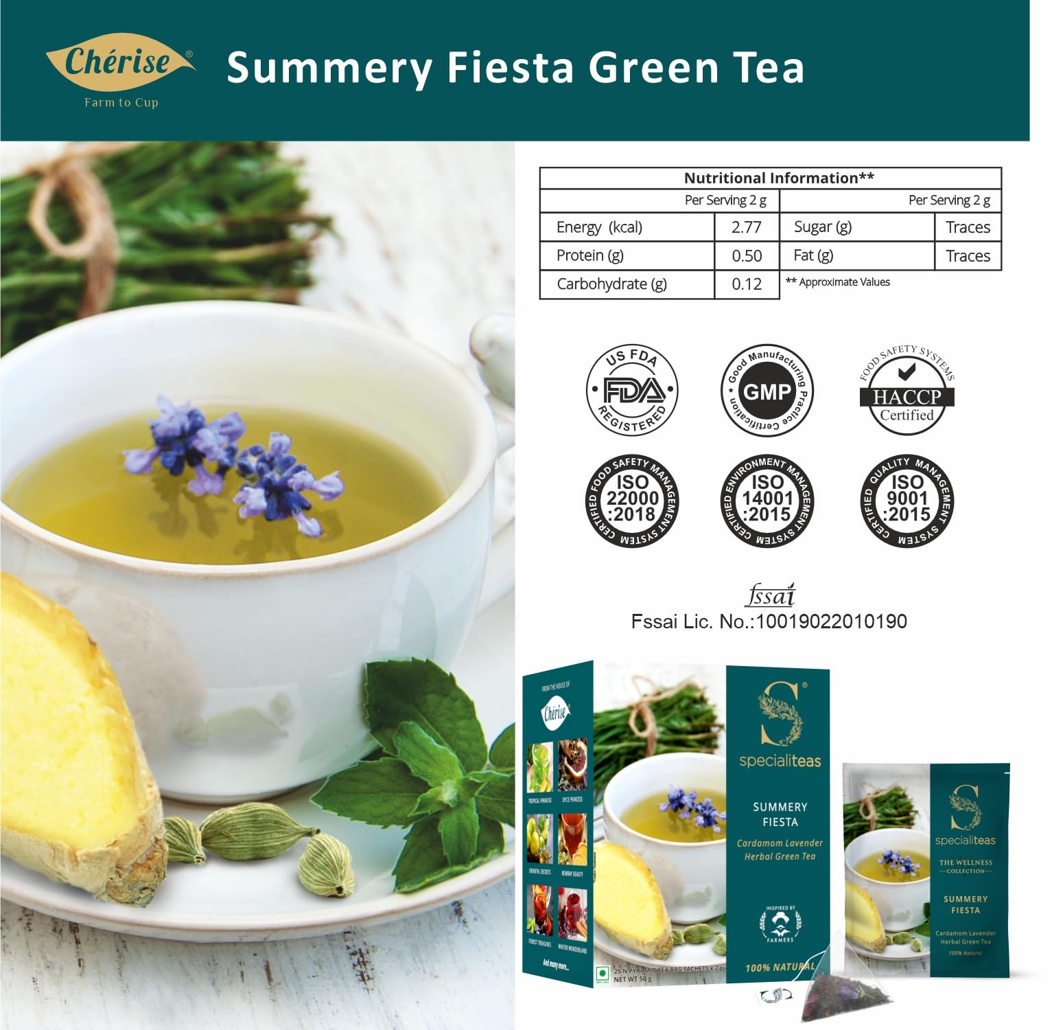 Cherise Specialiteas Summery Fiesta Cardamom Lavender Herbal Green Tea (2 g x 25 Pyramid Tea Bags)