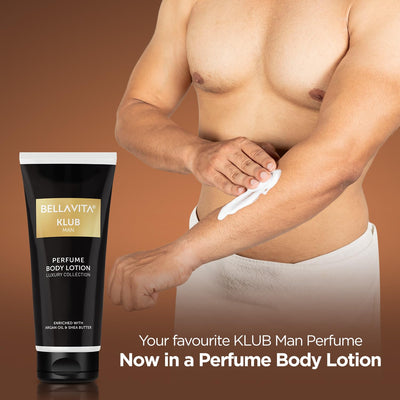 Bella Vita Luxury KLUB Man Body Perfume Lotion for Nourishing, Hydrating, Soft, Supple, Healthy Skin with Argan Oil and Shea Butter 200 ml