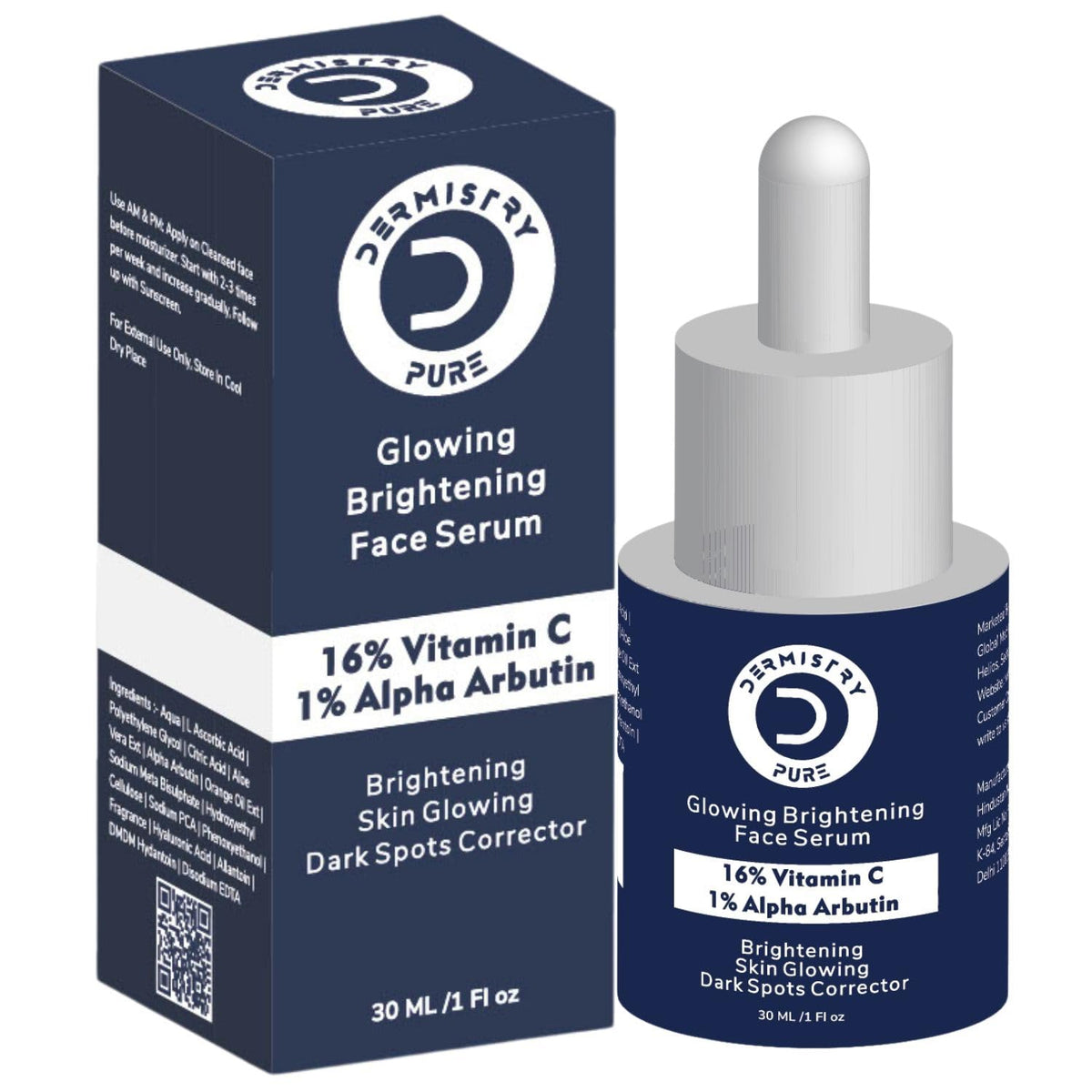 Dermistry 16% Vitamin C 1% Alpha Arbutin Skin Lightening Brightening Instant Glowing Fairness Face Serum Removes Pigmentation Dull Skin Dark Spots Corrects Radiance Sun Damage Repair 30 ml