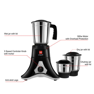 Cello Crown Grind-N-Mix Mixer Grinder 500Watt with 3 Stainless Steel Jars, Black
