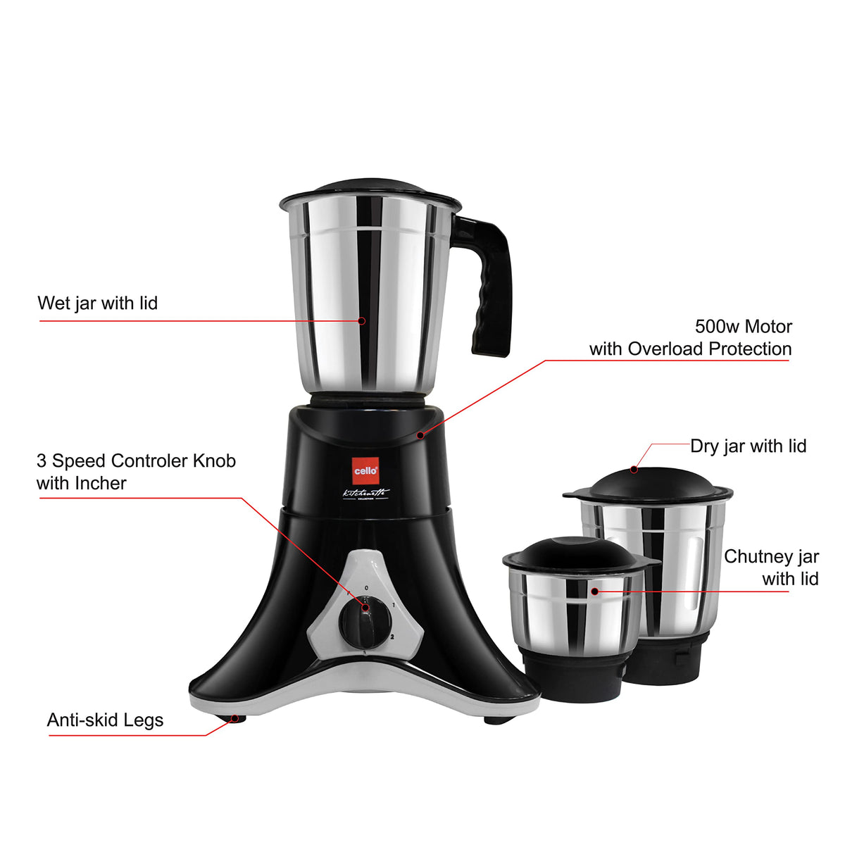 Cello Crown Grind-N-Mix Mixer Grinder 500Watt with 3 Stainless Steel Jars, Black