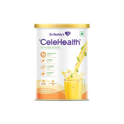 Dr. Reddy’s Celehealth Nutritional Drink, Saffron and Cardamon Flavour, 400g, Protein Supplement for daily use, Low Glycemic Index, Zero Added Sugar, Supports Immunity, Supports Muscle & Digestive Health,