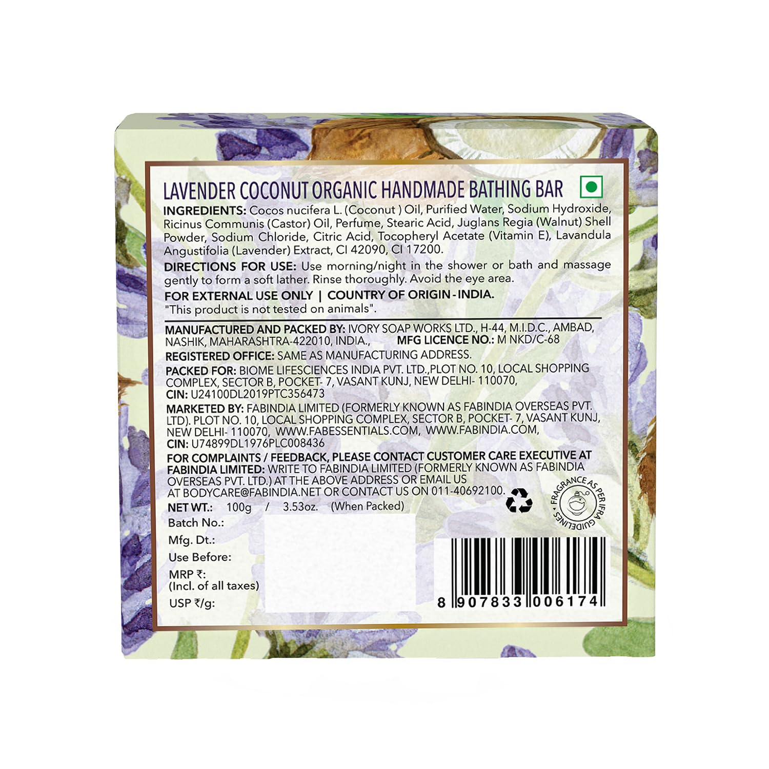 8x Fabessentials Lavender Coconut Organic Handmade Bathing Bar | 100% Organic | with the Goodness of Vitamin E| Cleanses, Nourishes & Brightens Skin | Vegan & Palm-Oil Free - 100 gm Pack of 8