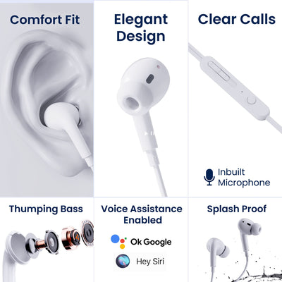 Ambrane Wired in Ear Earphones with in-line Mic for Clear Calling, 12mm Dynamic Drivers for BoostedBass™, 3.5mm Jack, Multi-Functional Controller (Stringz 74, White)