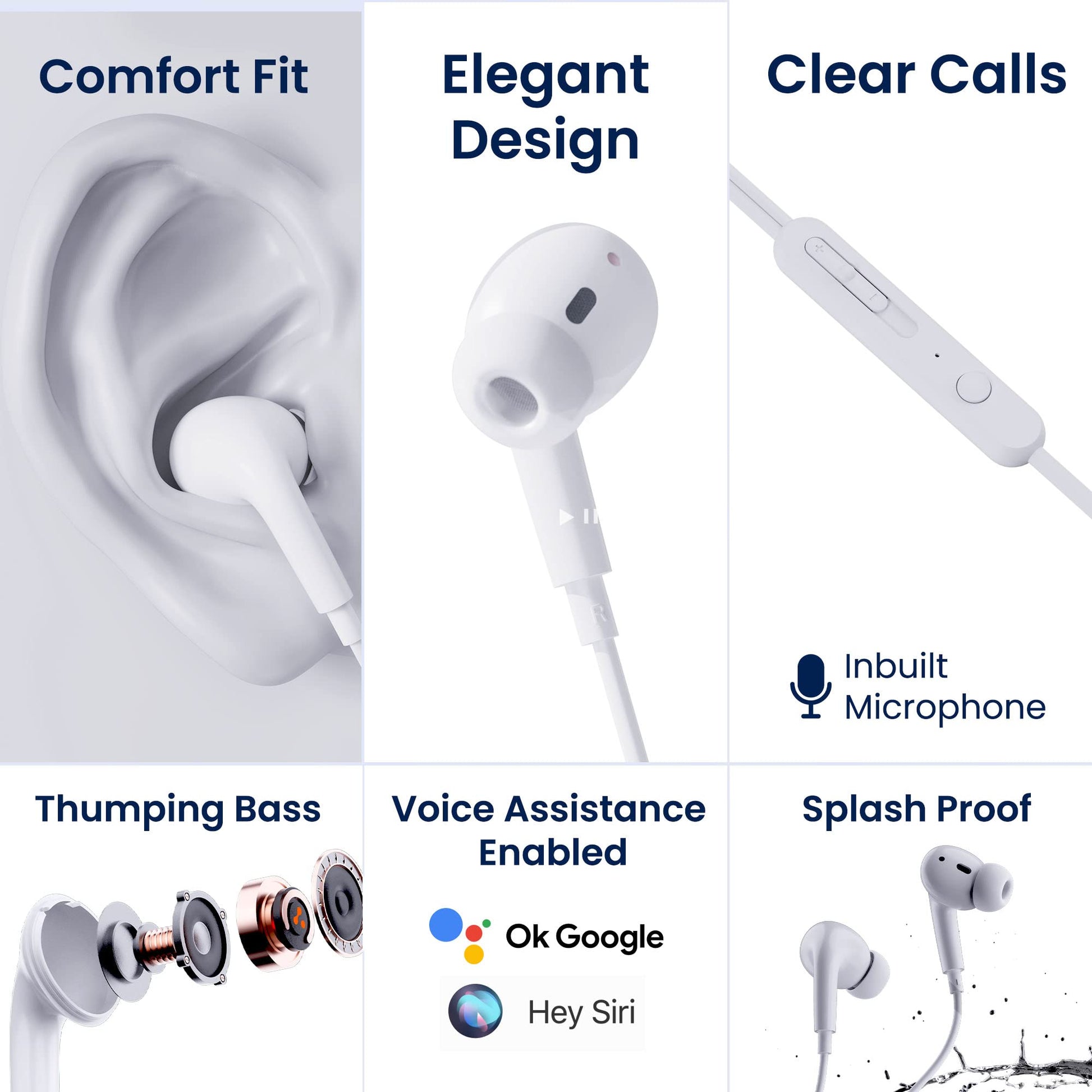 Ambrane Wired in Ear Earphones with in-line Mic for Clear Calling, 12mm Dynamic Drivers for BoostedBass™, 3.5mm Jack, Multi-Functional Controller (Stringz 74, White)