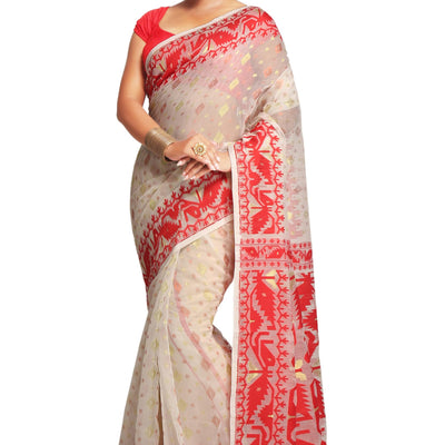BENGAL HANDLOOM Women'S Cotton Silk Softs Dhakai Jamdani Sarees (White & Red)
