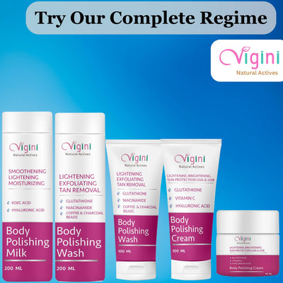 Vigini Natural Body Lightening Brightening Moisturizing Polishing Fairness Exfoliate Scrub Body Wash, Remove D Tan, Hyper Pigmentation Dark Spot, Skin Glow Glutathione Coffee Charcoal Men Women 100ml
