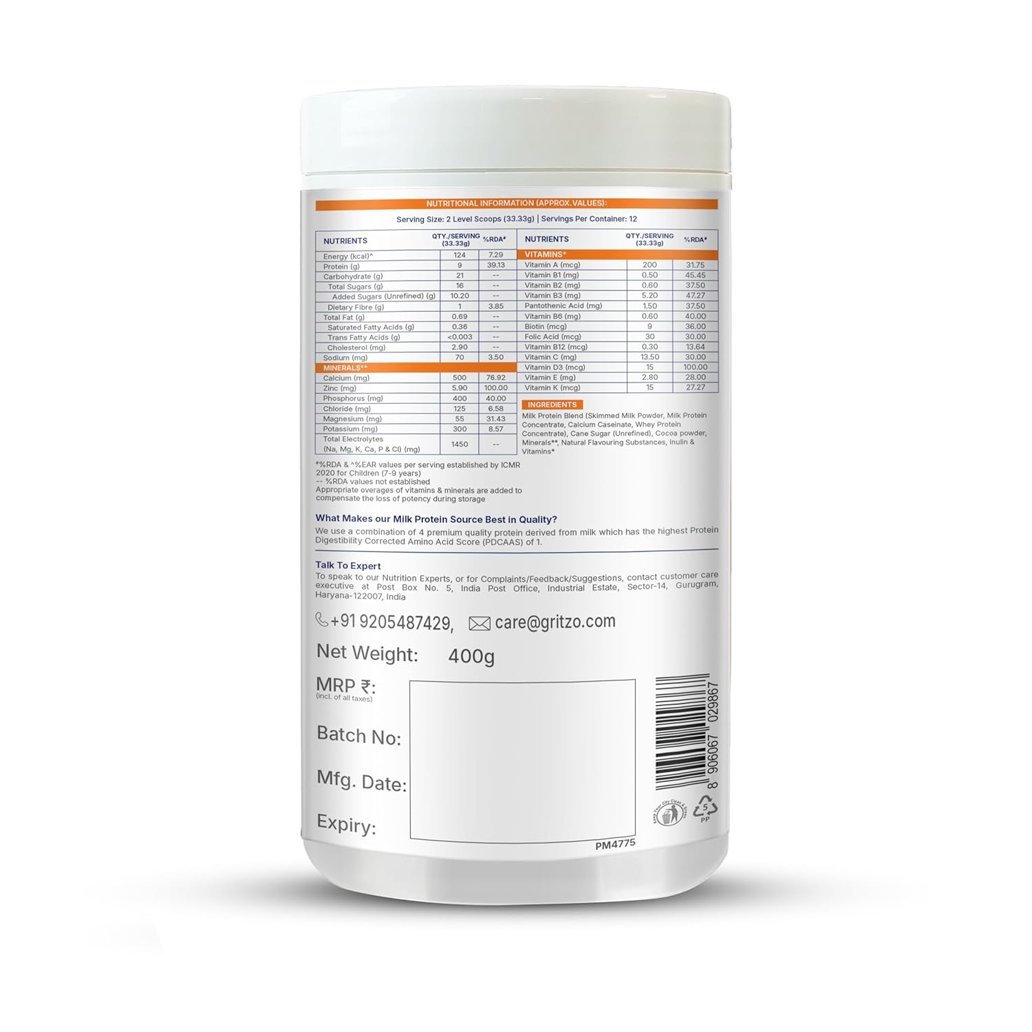 Gritzo SuperMilk Overall Growth (7-12y Boys), 9g Protein (Double Chocolate, Zero Refined Sugar, 20 Vitamins & Minerals
