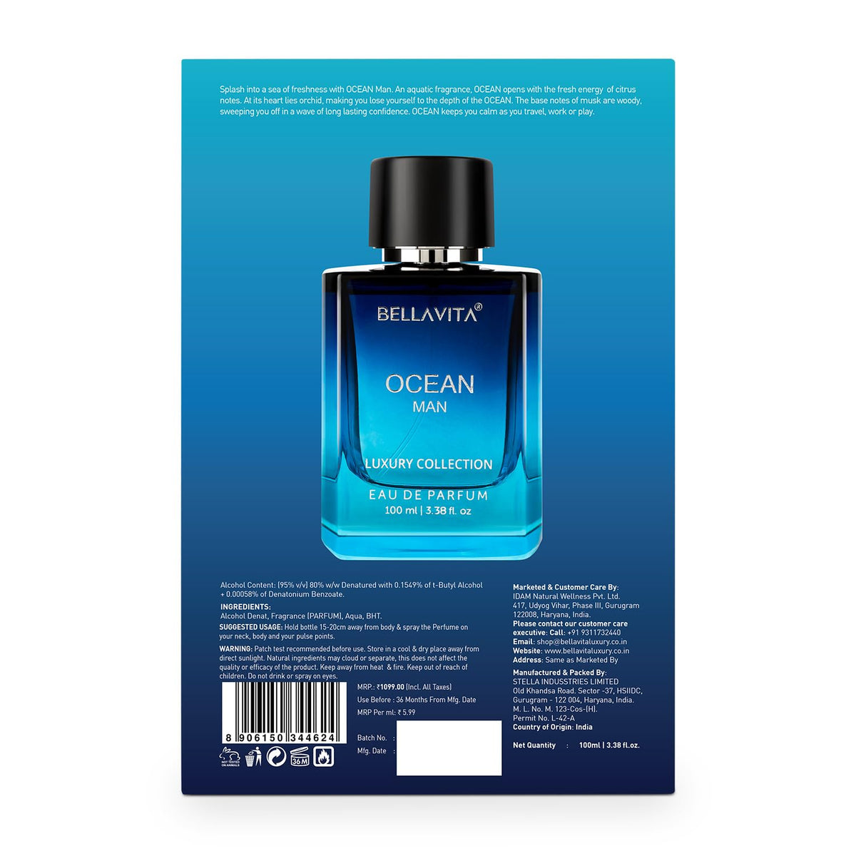 Bella Vita Luxury OCEAN Man Eau De Parfum Perfume with Bergamot, Melon, Rose & Musk|Premium, Long Lasting Fresh & Aquatic Fragrance EDP for Men 100 ML