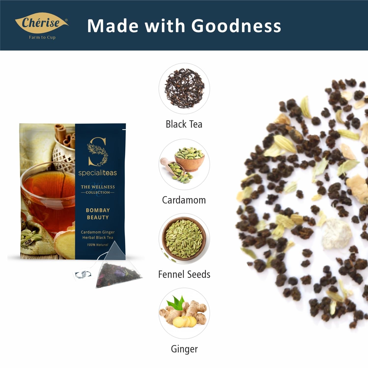 Cherise Specialiteas Bombay Beauty Cardamom Ginger Herbal Black Tea (2 g x 25 Pyramid Tea Bags)