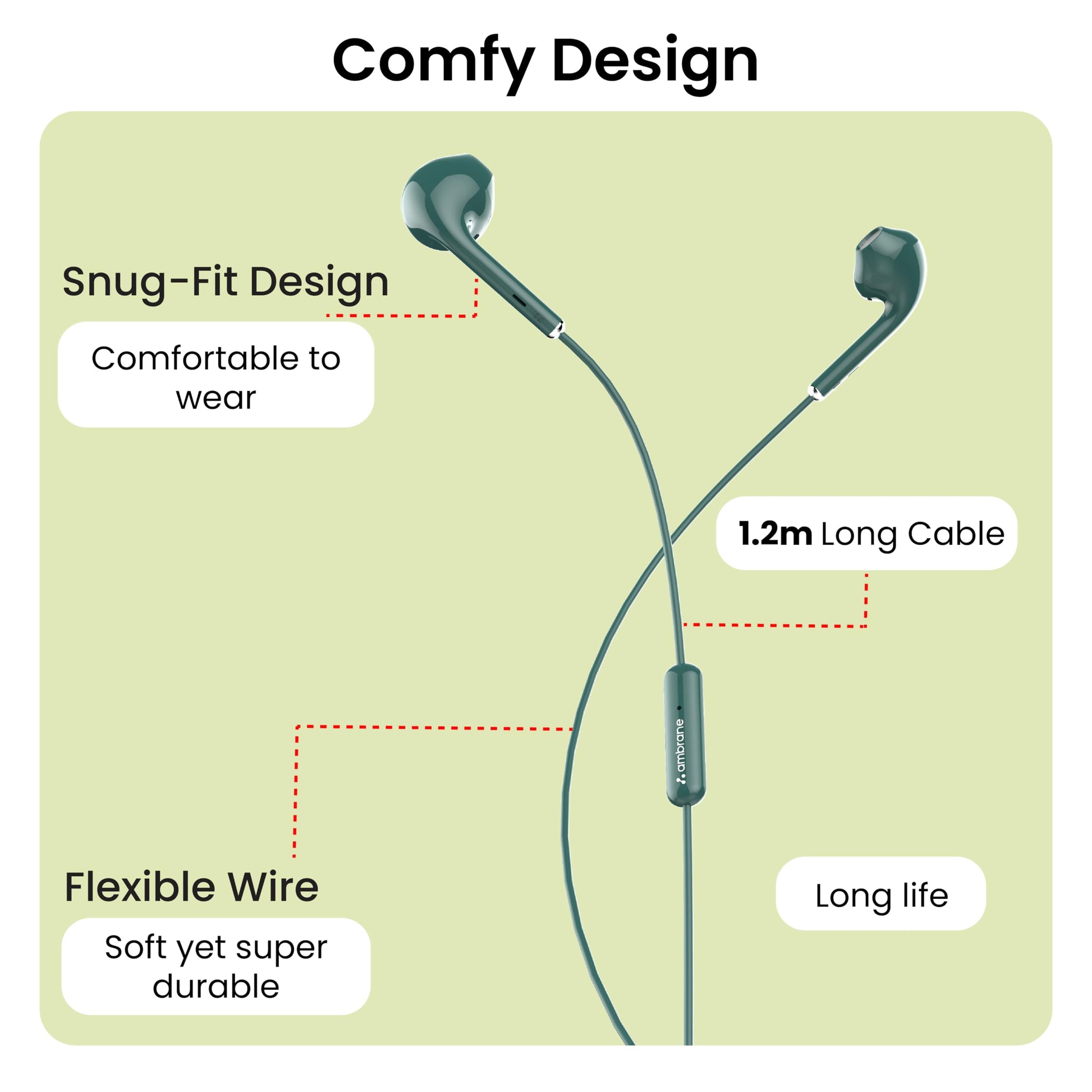 Ambrane Wired in Ear Earphones with in-line Mic for Clear Calling, 14mm Dynamic Drivers for BoostedBass, 3.5mm Jack, Multi-Functional Controller (Stringz 38 Lite, Green)