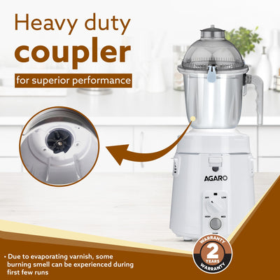 AGARO Royal Mixer Grinder 900W, Heavy Duty, 100% Pure Copper Motor, 3 Stainless Steel Jar, 3 Speed, Whip Function, Stainless Steel Blades,Wet & Dry Grinding, White