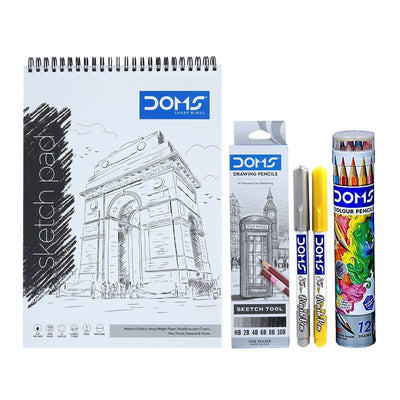 DOMS Sketching Smart Kit Mega Gift Pack | Sketching Set for Kids | Best for School, College & Office | Sketching Pencil Set, Colour Pencils, Sketch Pad, DOMS Brush Pen | DOMS Stationery