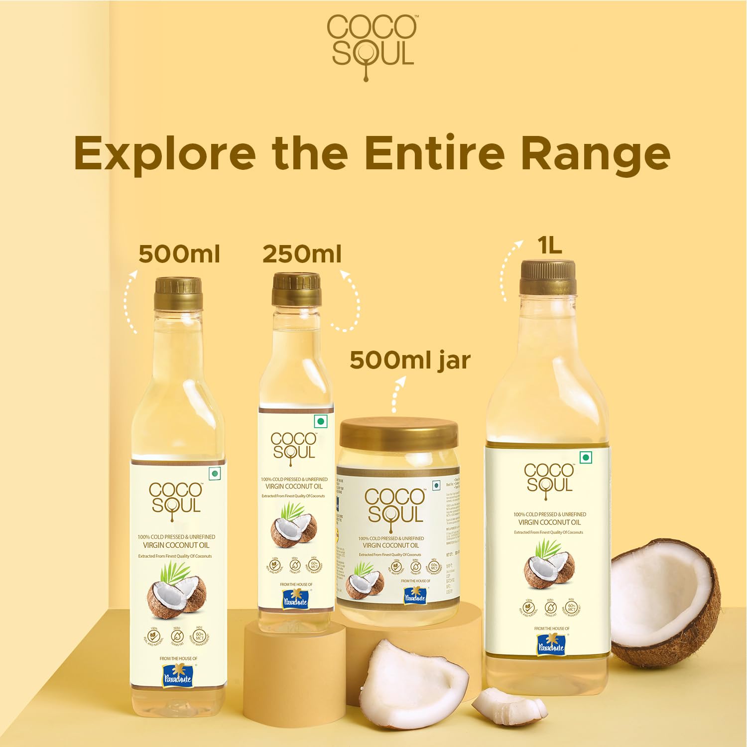 Coco Soul Cold Pressed Unrefined Virgin Coconut Oil | 60% MCT | Multipurpose Usage | Daily Cooking| Keto Friendly | Naturally Cholesterol Free | A1 grade real coconut | From Makers of Parachute 500 ml