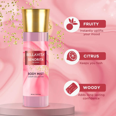Bella Vita Luxury Date & Senorita Body Spray Mist Perfume Combo With Long Lasting Refreshing Floral & Fruity Fragrance Of Vanilla, Pomegranate & Mint For Women, 150ml Each