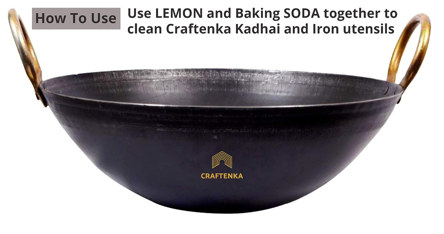 Craftenka Traditional Iron Kadhai Deep Bottom Kadai/Fry Pan/Frying Kadai Handmade Loha Lokhand with Golden Handle 11 INCH / 28 cm