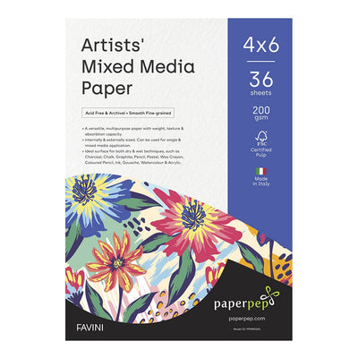 PaperPep Artists' Mixed Media Paper 200GSM 4"X6" Pack of 72 for Charcoal, Chalk, Graphite, Pencil, Pastel, Wax Crayon, Coloured Pencil, Ink, Gouache, Watercolour & Acrylic for Artists' & Amateurs