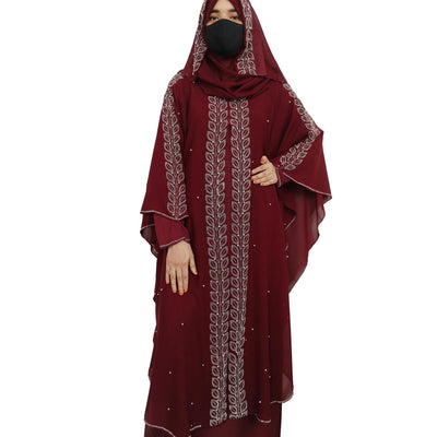 BURAQUE DESIGNER Nida fabric Free Size Muslim Burqa/Abaya & Burkha Dress for Muslim women and Girl's (F01-Maroon Leaf-Burkha)
