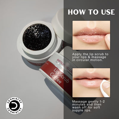 Dermistry Exfoliating Lightening Coffee Sugar Lip Scrub for Reduction of Dark Smoker Pigmentation & Healing Dry Chapped Lips, Shea Butter, Olive Oil, Coconut Oil, Brightening Men Women - 15 ml