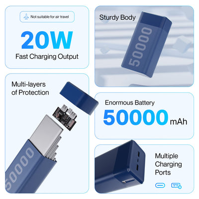 Ambrane 50000mAh Powerbank, 20W Fast Charging, Metallic Body, Triple Output, Type C PD (Input & Output), Li-Polymer, Compatible for iPhone, Android and Other Devices (Stylo Max, Blue)