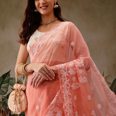 Ada Latest Chikan Peach Georgette Fancy Saree Blouse With Designer Embroidered Motifs A130092
