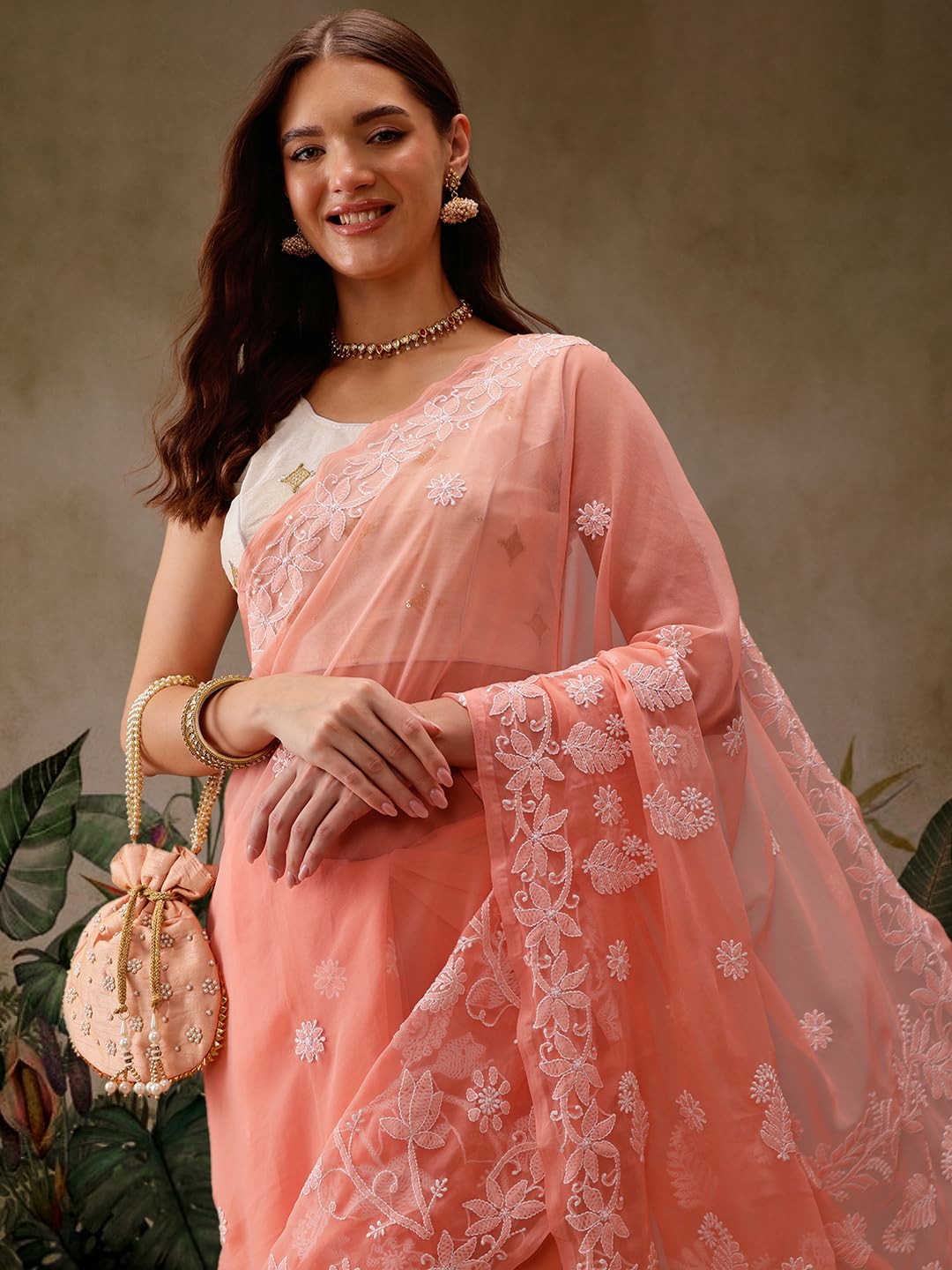Ada Latest Chikan Peach Georgette Fancy Saree Blouse With Designer Embroidered Motifs A130092