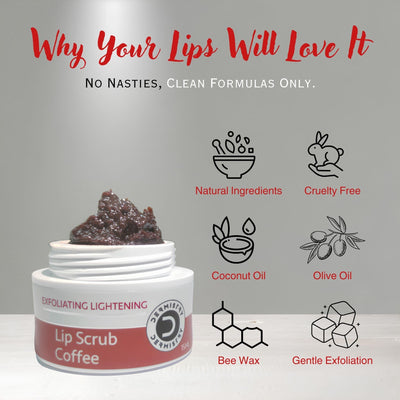 Dermistry Exfoliating Lightening Coffee Sugar Lip Scrub for Reduction of Dark Smoker Pigmentation & Healing Dry Chapped Lips, Shea Butter, Olive Oil, Coconut Oil, Brightening Men Women - 15 ml