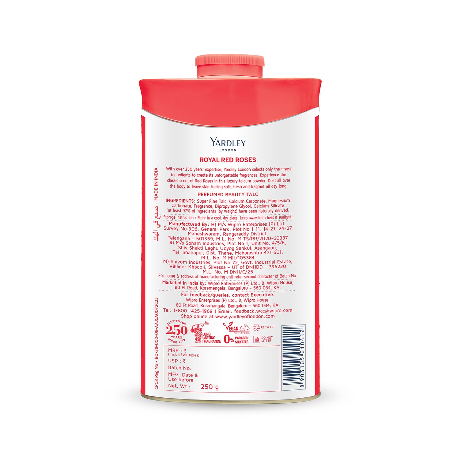 4x Yardley London Royal Red Roses Perfumed Talc| Fragrant Beauty Talc for Women| Smooth Texture| 250g - Pack of 4