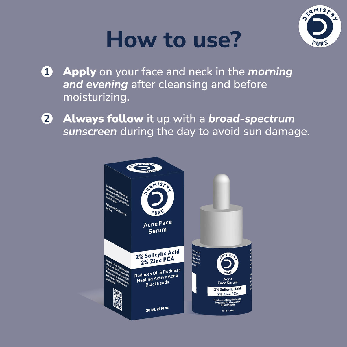 Dermistry Pure 2% Salicylic Acid 2% Zinc Face Serum for Oily Acne Prone Skin Removal Blackheads Whiteheads Pimples Scar Marks Healing Redness Dark Spots Removes Excess Sebum Oil Control UV Protection 30ml