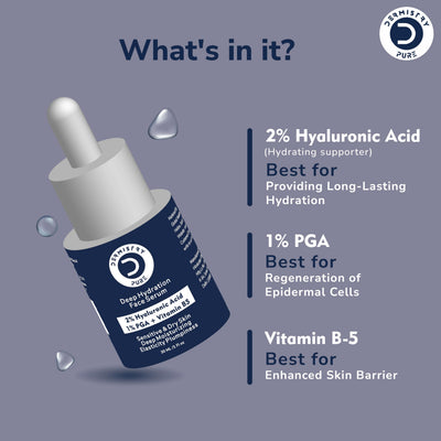 Dermistry Pure 2% Hyaluronic Acid 1% PGA Vitamin B5 Face Serum for Sensitive & Dry Skin Intense Hydrating Moisturiser for Day Night Deep Moisturizing Elasticity Plumpiness Soft Supple Skin 30ml