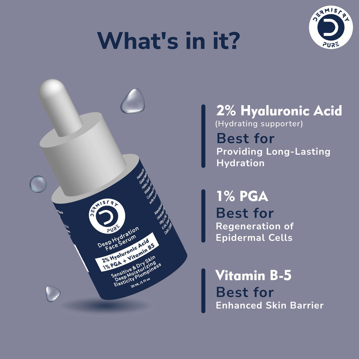 Dermistry Pure 2% Hyaluronic Acid 1% PGA Vitamin B5 Face Serum for Sensitive & Dry Skin Intense Hydrating Moisturiser for Day Night Deep Moisturizing Elasticity Plumpiness Soft Supple Skin 30ml