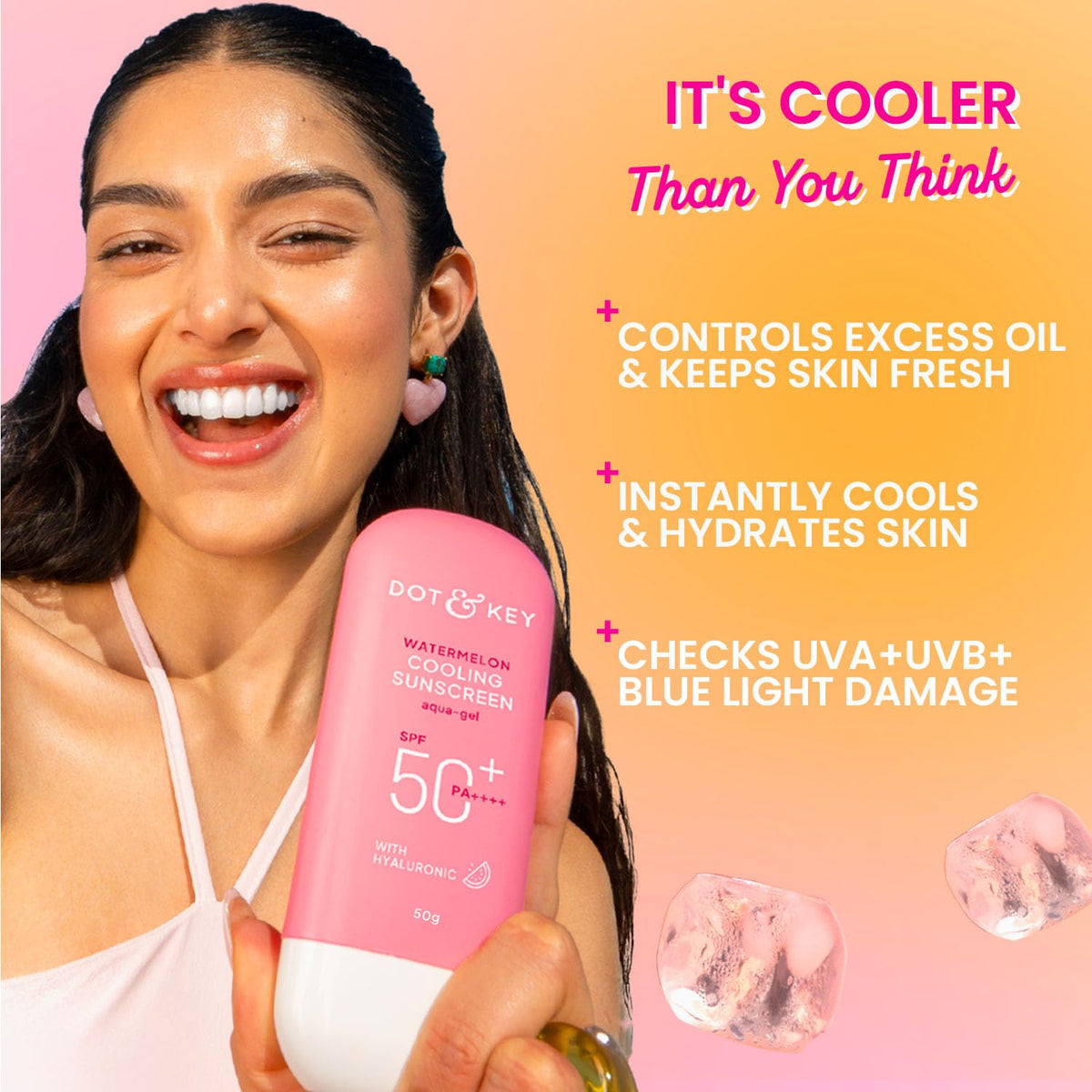 Dot & Key Watermelon Cooling Sunscreen In - Vivo Tested SPF 50+ PA++++ | With Hyaluronic Acid, Instantly Cools Skin, Broad Spectrum Protection | Controls Excess Oil, Checks Tanning, No White Cast, All Skin Types | 50g