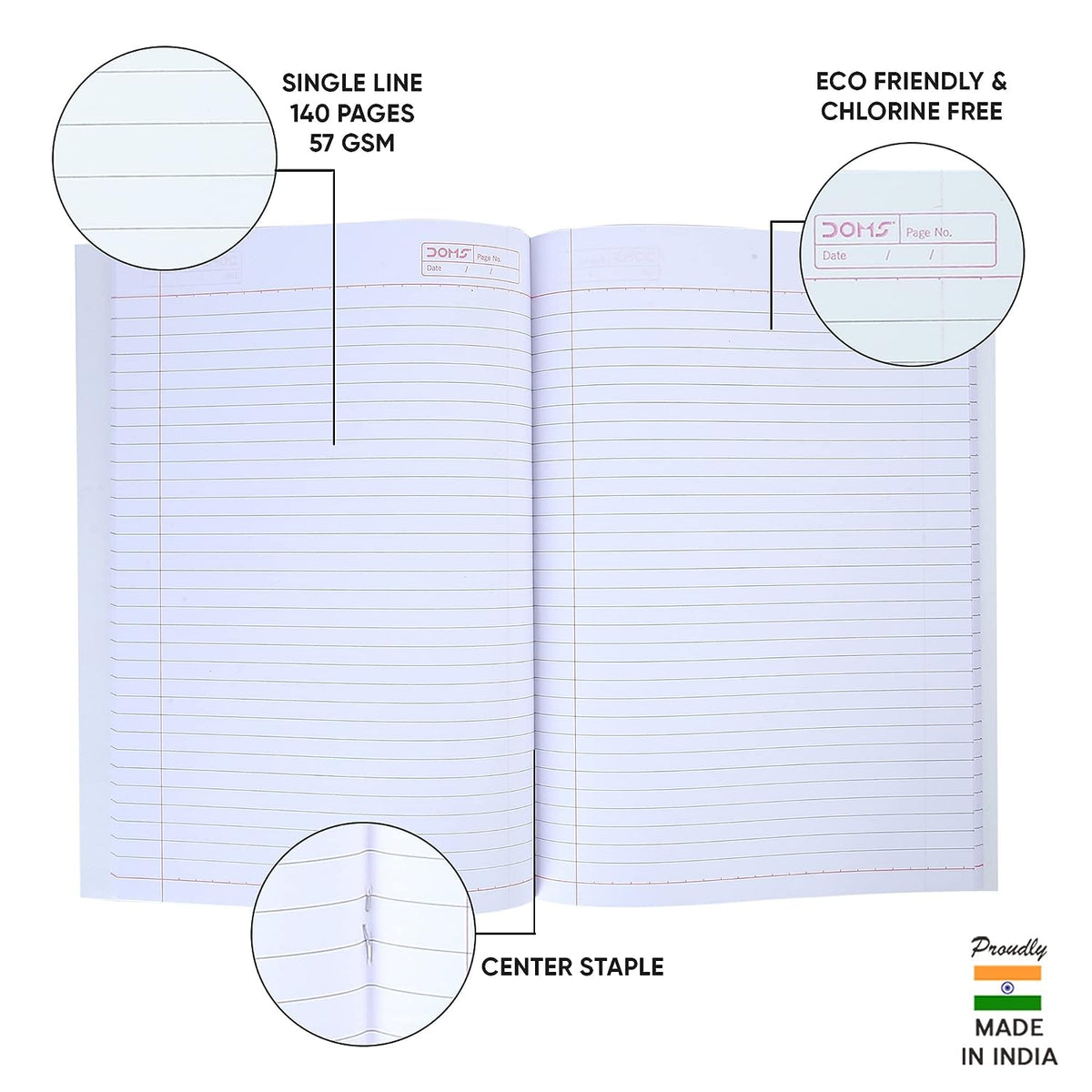 Doms Brown Series Notebook | A4 | Single Line | 57GSM | 140 Pages | 21 x 29.7 cm | Pack of 6