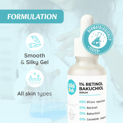 WildOak 1% Retinol Bakuchiol Face Serum | Anti-Aging Brightening & Skin Texture Improvement | Boosts Collagen & Restoration | With Ceramides & Olive Squalane | Face Serum for Women & Men | 30ml