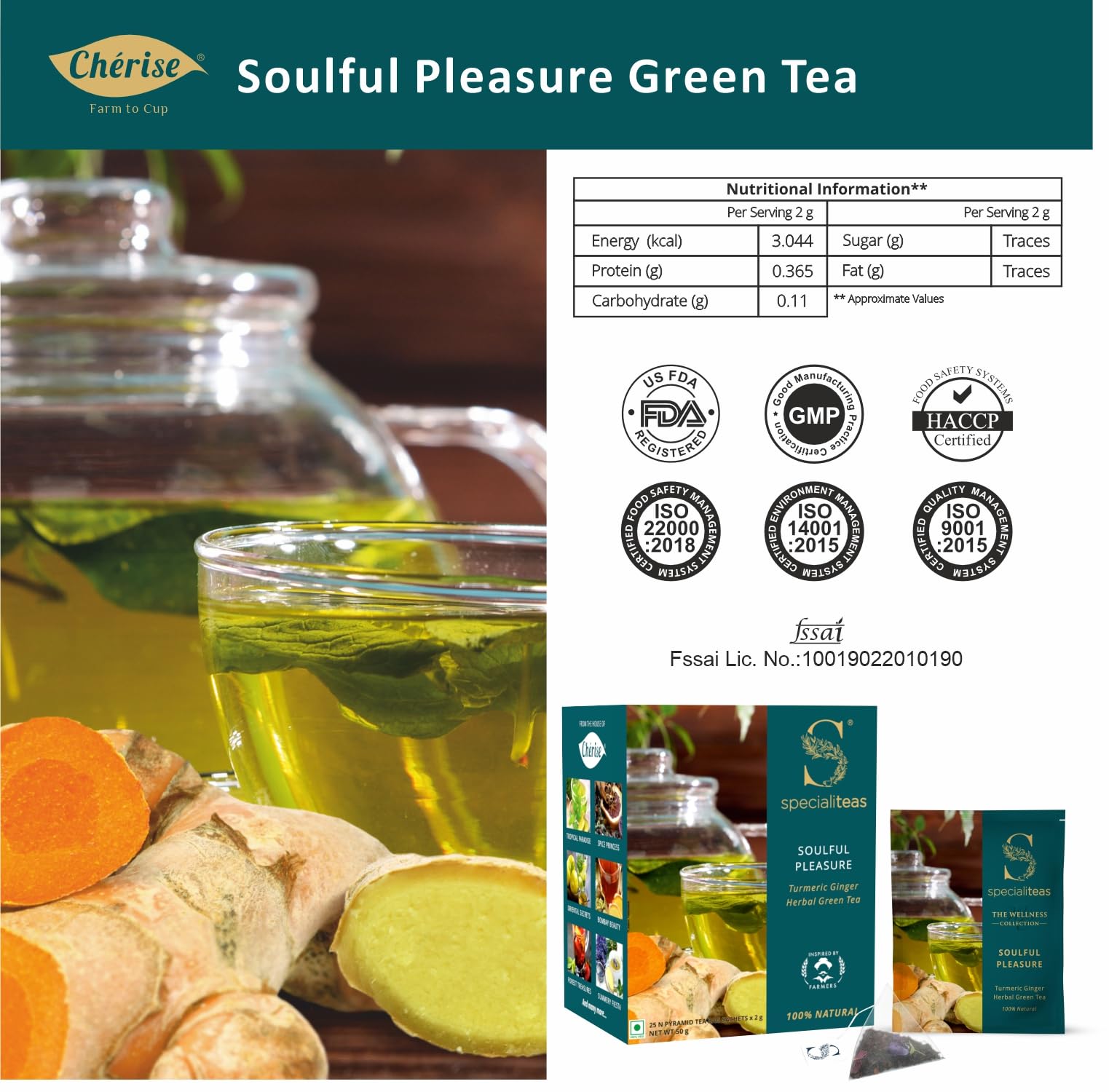 Cherise Specialiteas Soulful Pleasure Turmeric Ginger Herbal Green Tea (2 g x 25 Pyramid Tea Bags)