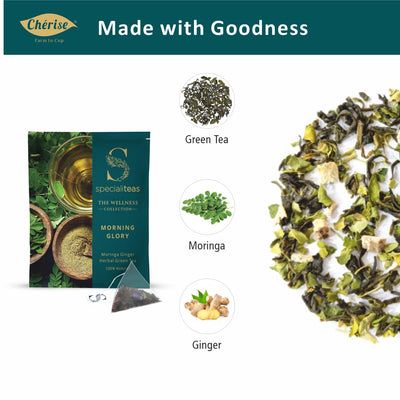 Cherise Specialiteas Morning Glory Moringa Ginger Herbal Green Tea (2 g x 25 Pyramid Tea Bags)