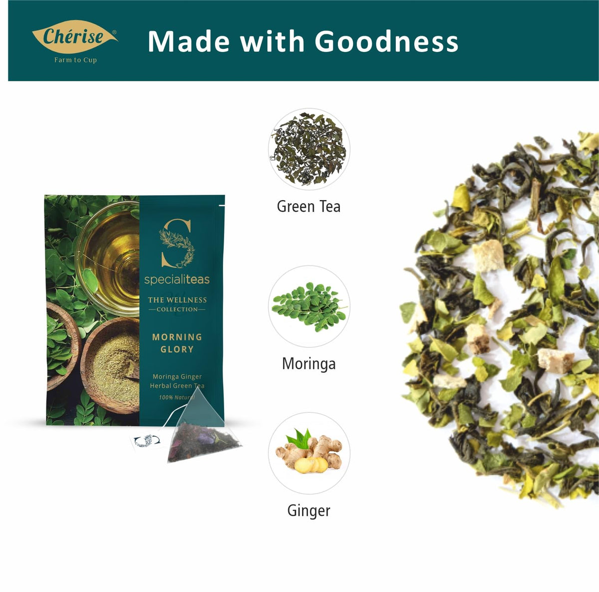Cherise Specialiteas Morning Glory Moringa Ginger Herbal Green Tea (2 g x 25 Pyramid Tea Bags)