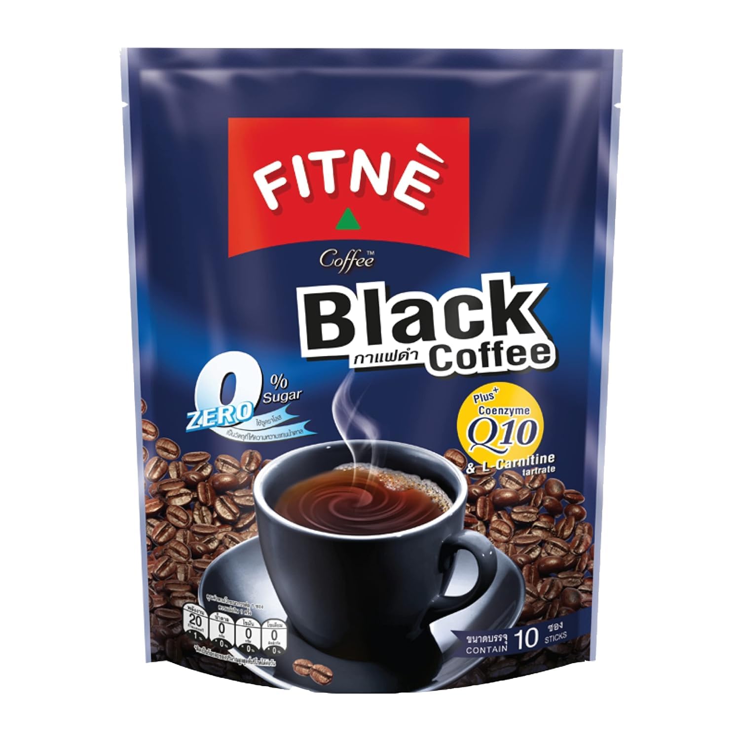 FITNE Instant Black Coffee Packets With Coenzyme Q10 L Carnitine High Antioxidant Low Calories Vegan Non Dairy No Sugar Sucralose Sweetener, 10 Sticks